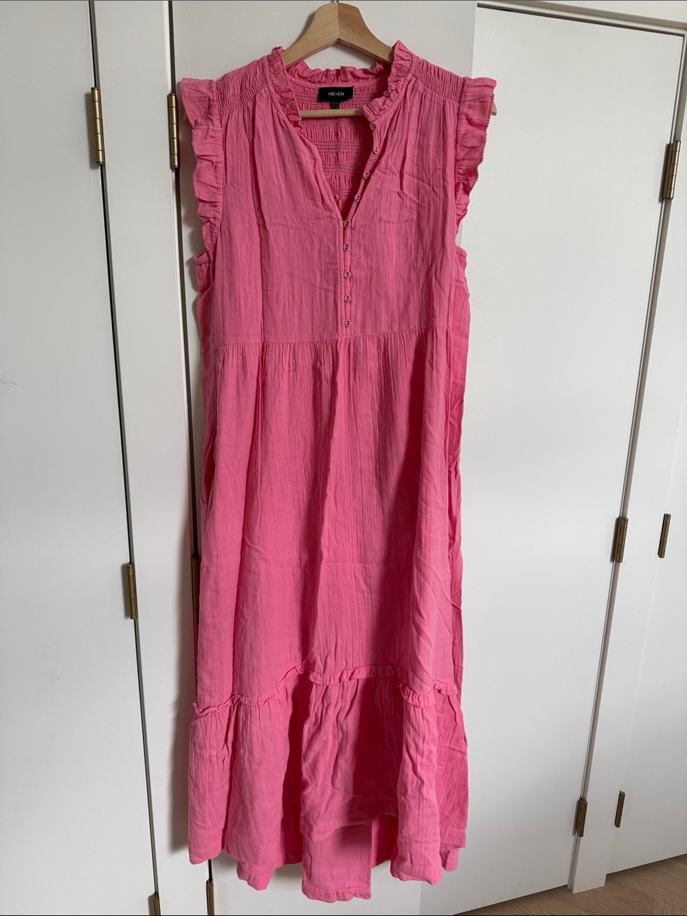 ME+EM Pink Ruffle-Sleeve Casual Midi Dress with pockets